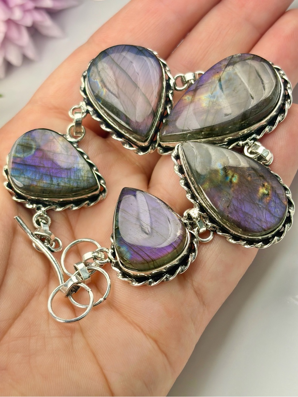Purple Labradorite Bracelet Chunky Southwest Pear Sterling Silver 925 Overlay